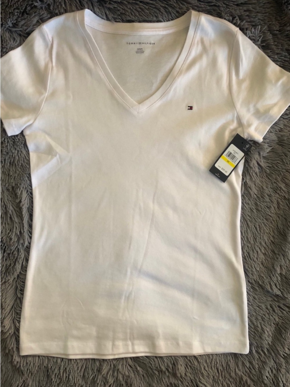 Tommy Hilfiger White V-Neck Tee with Flag Logo
